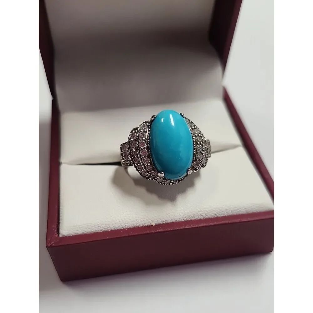 Sterling Silver Turquoise Oval Cabochon Statement Ring - Women Jewelry VTG Sz 8